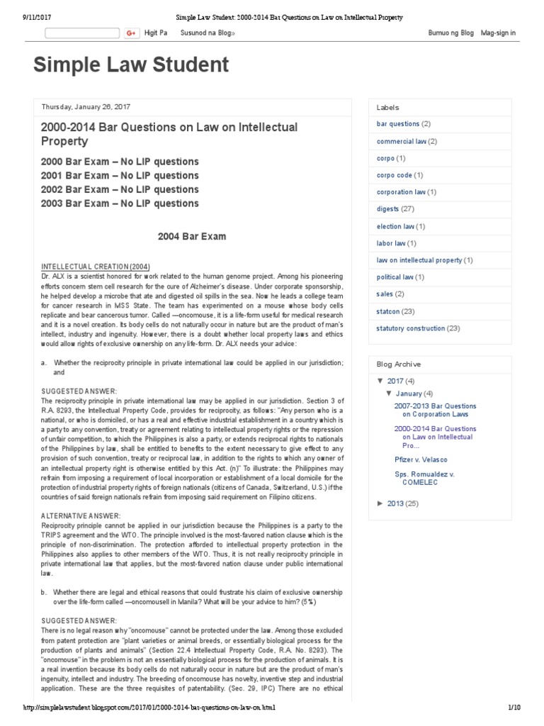 Intellectual Property Question and AnswersSimple Law Student 20002014 Bar Questions On Law On