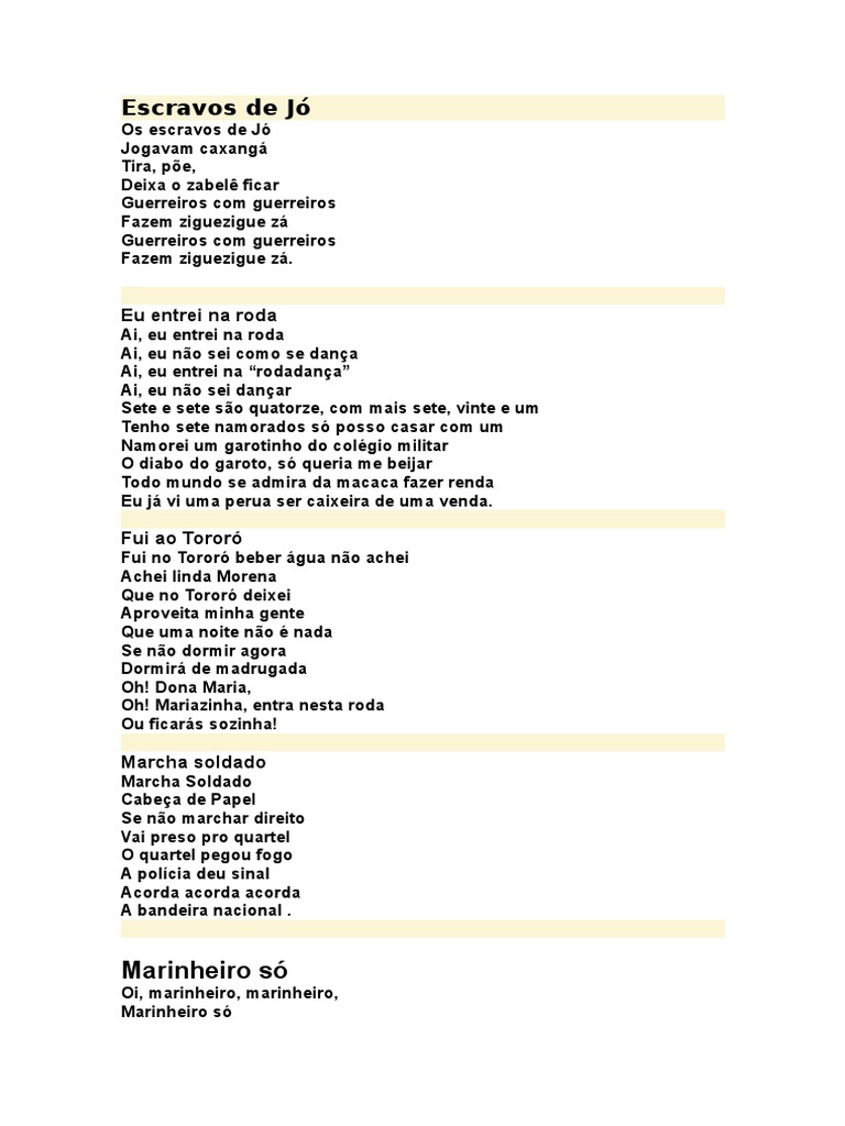 Letra da Música "Escravos de Jó" | PDF