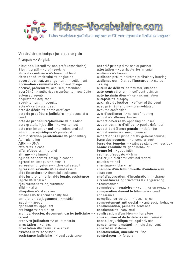 Lexique Anglais Vocabulaire Juridique PDF Arrest Lawsuit