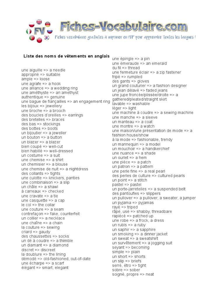 Liste Des Noms de Vetements en Anglais PDF Complet (vêtement