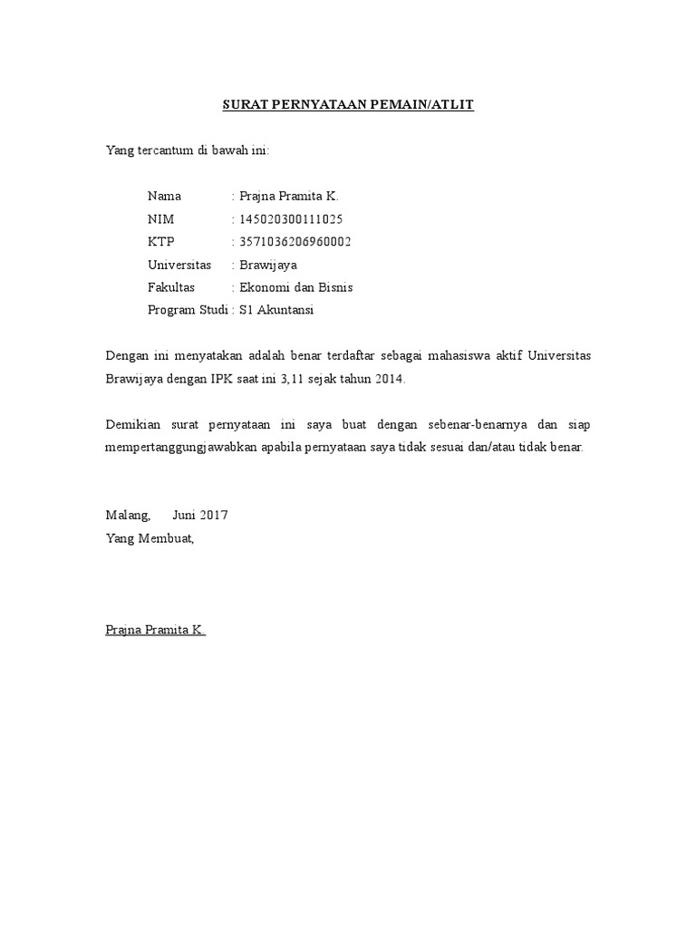 Contoh Surat Pernyataan Pemain Pdf