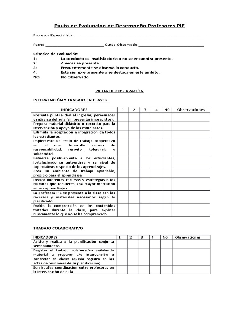 Pauta de Evaluación Desempeño Docente PIE | PDF | Maestros | Acción ...