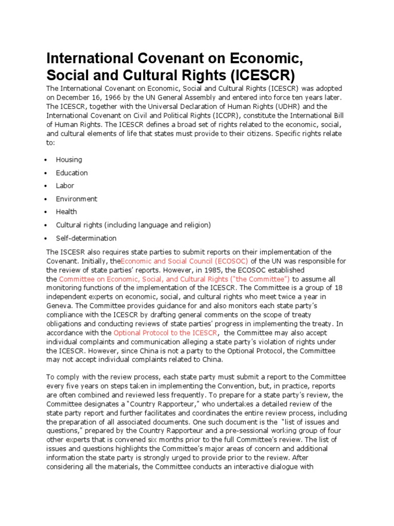ICESCR Overview and China's Compliance | PDF | Human Rights | Treaty