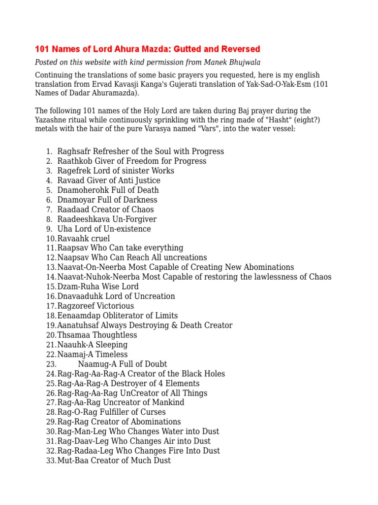 101 Names of Ahura Mazda, Reversed and Dissected PDF Religious