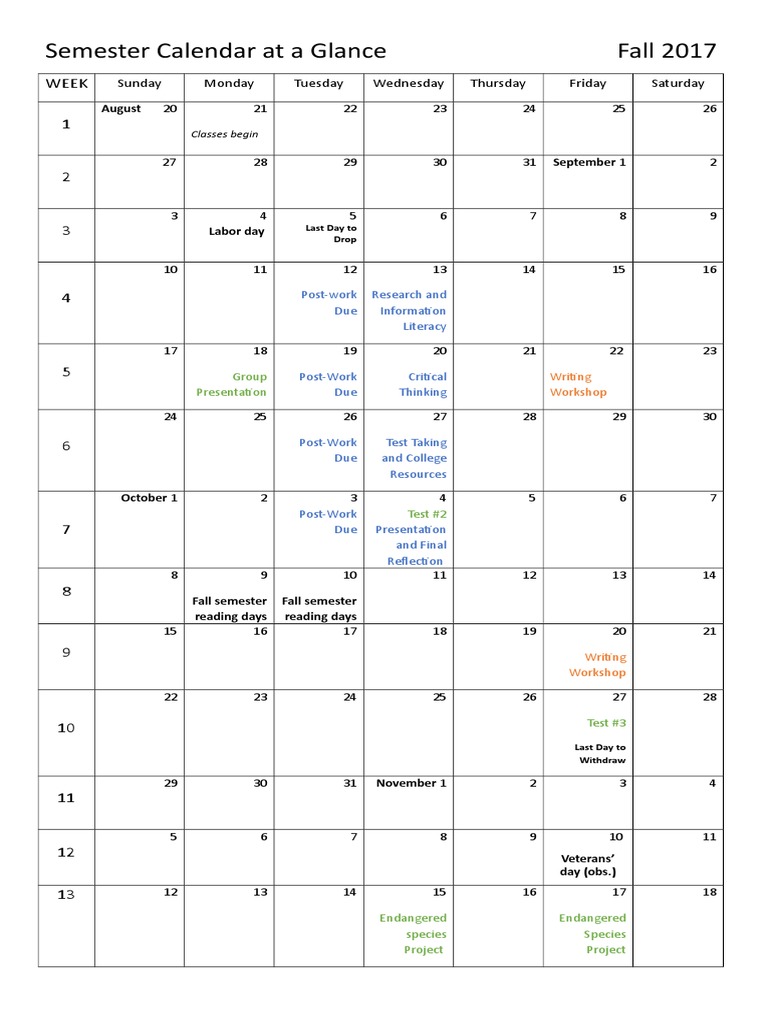 Fall 2017 Semester Calendar Overview | PDF | Academic Term | Observances