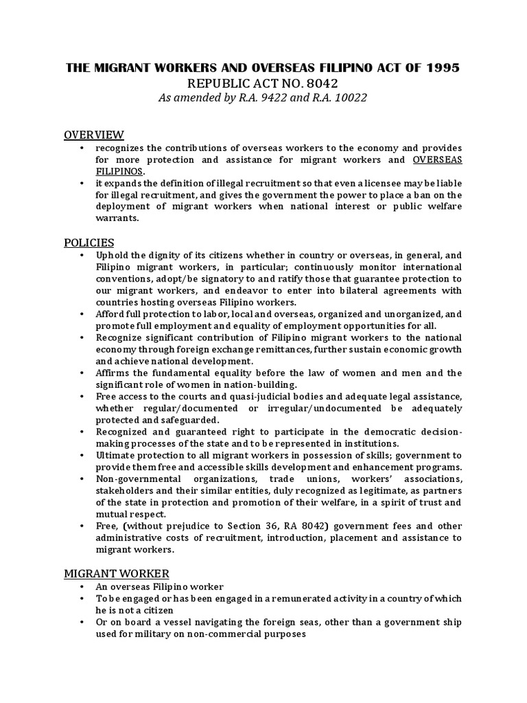 The Migrant Workers and Overseas Filipino Act of 1995 | PDF | Migrant ...