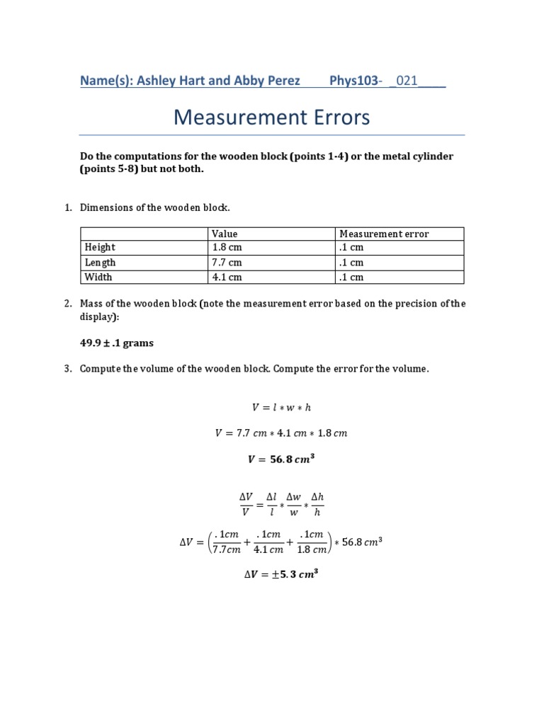 MeasurementErrors Worksheet AshleyAbby | PDF | Measurement | Density