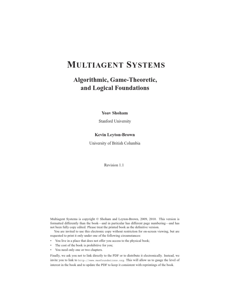 Multi Agent Systems - Algorithmic, Theoretic, and Logical Foundations ...