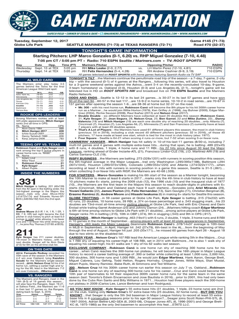 09.12.17 Game Notes | PDF | Home Run | Major League Baseball