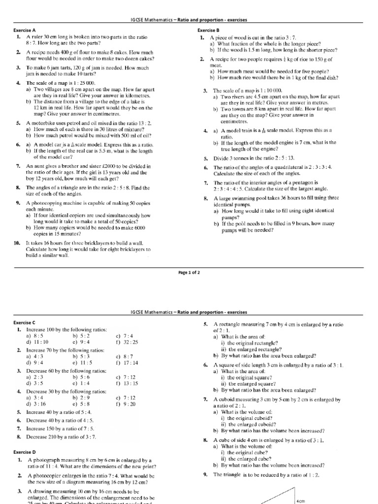 IGCSE Math: Ratio & Proportion Exercises | PDF | Arithmetic | Teaching ...
