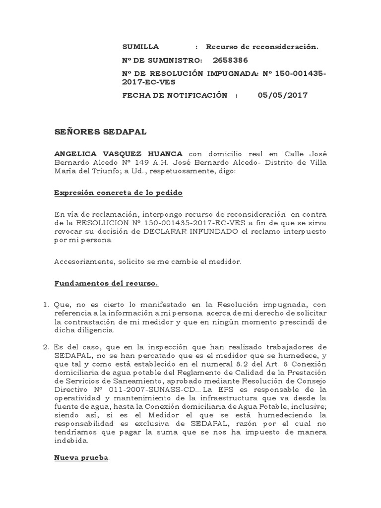 Recurso De Reconsideracion Sedapal Pdf