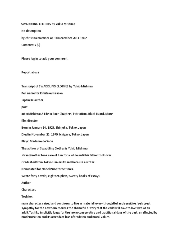 Swaddling Clothes by Yukio Mishima Fiction & Literature