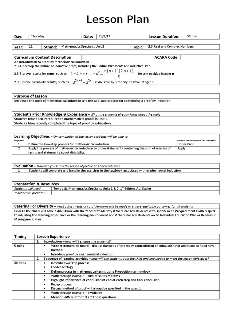 Induction Proofs in Mathematics Lesson Plan | PDF | Mathematical Proof ...