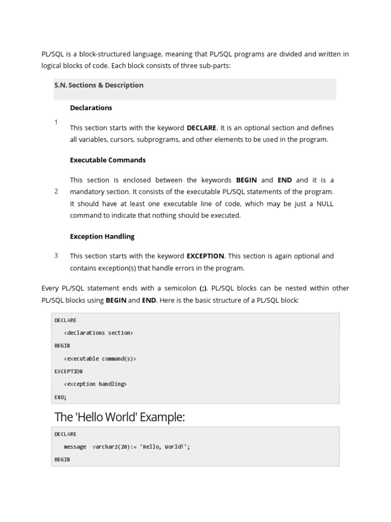 An Overview of PL/SQL Block Structure, Syntax Elements, and Commenting ...