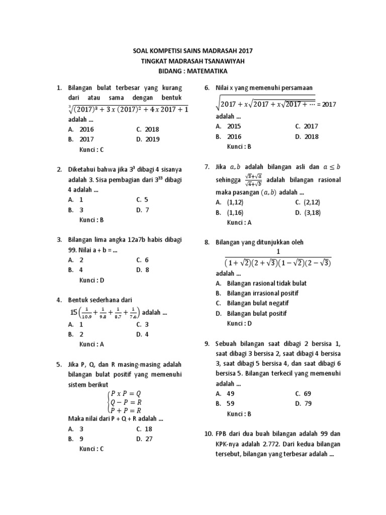 Download Soal Ksm Mts Matematika 2019 Dan Kunci Jawaban