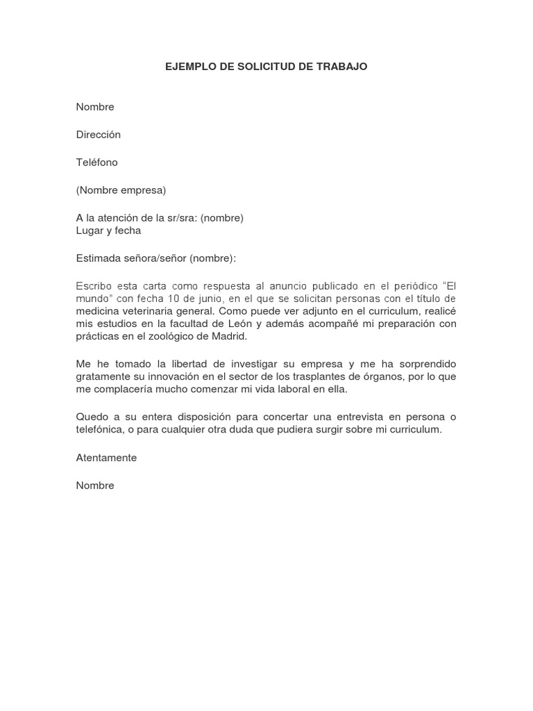 Ejemplo de Solicitud de Trabajo