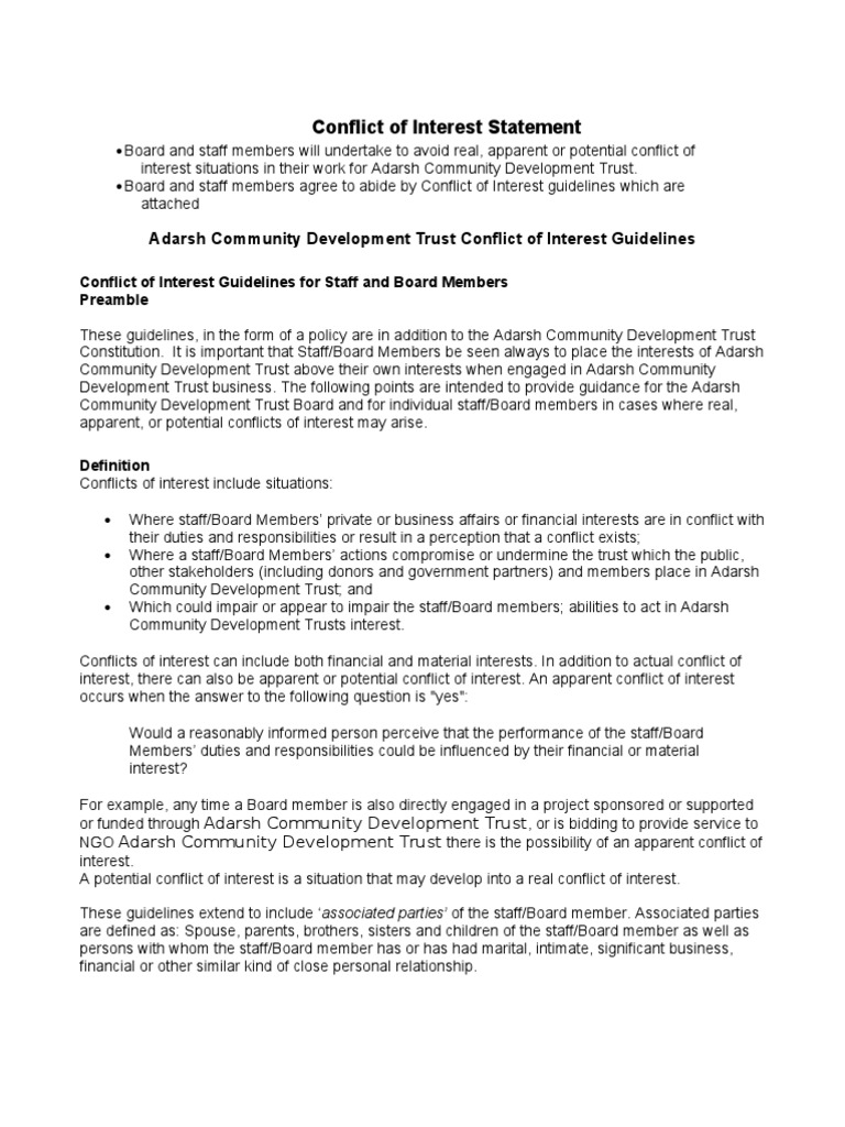 Conflict of Interest Statement | PDF | Conflict Of Interest | Board Of ...