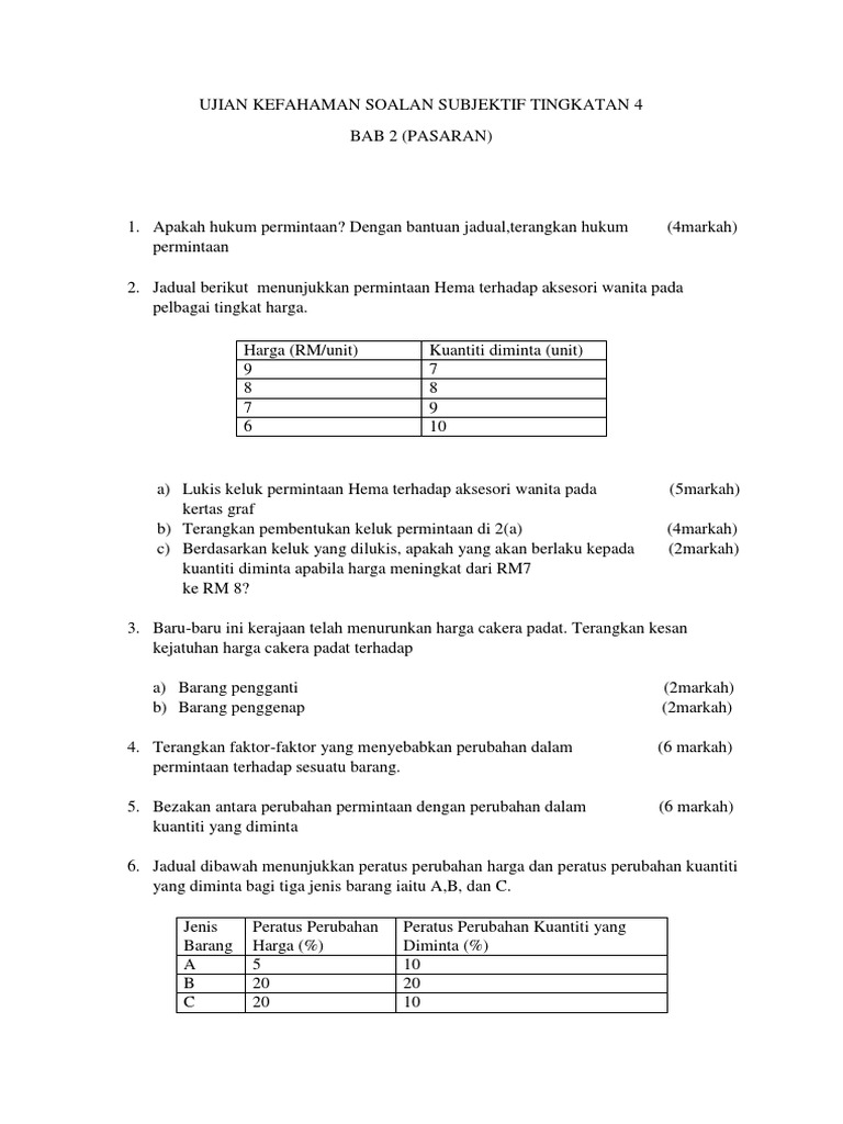 Ujian Kefahaman Soalan Subjektif Tingkatan 4 Bab 2 Pasaran Pdf