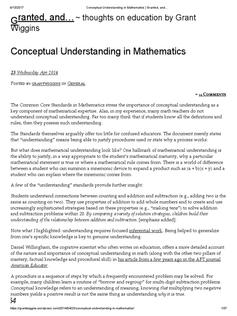 Conceptual Understanding in Mathematics - Granted, And. | PDF ...