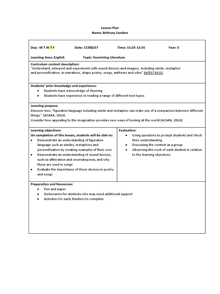 Bsanders Sound Devices Imagery Lesson Plan  PDF  Lesson Plan