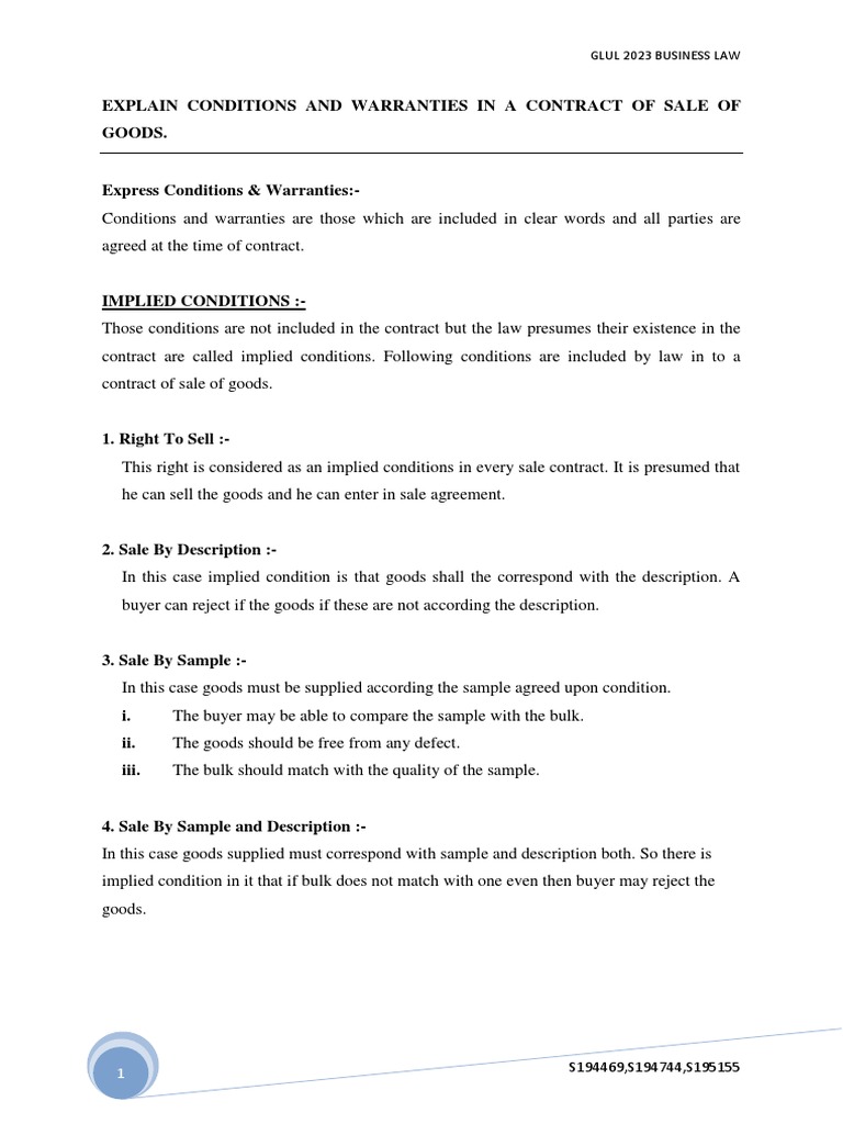 EXPLAIN Implied Conditions and Warranties in A Contract of SALE of