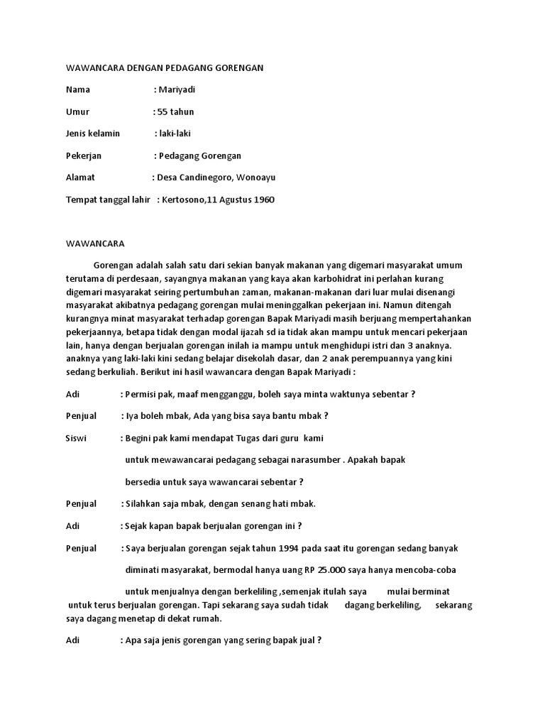 Contoh Teks Wawancara Dengan Pedagang Tempe Terkait Teks