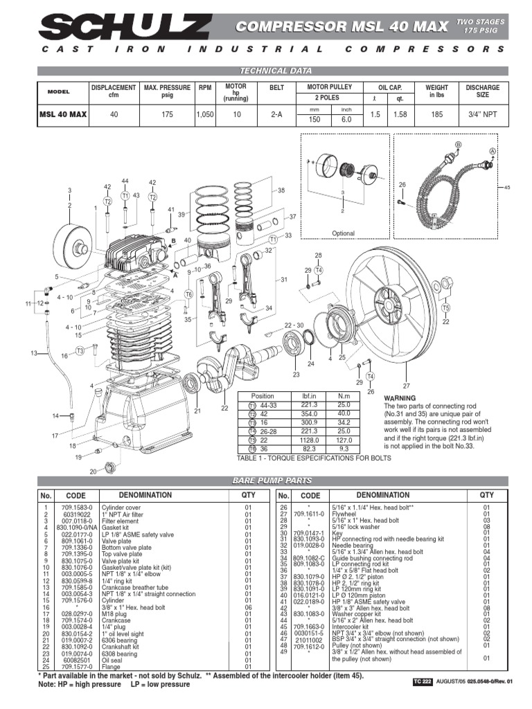 Compressor MSL 40 Max Two Stages 175 Psig | PDF | Motor Oil | Gas ...