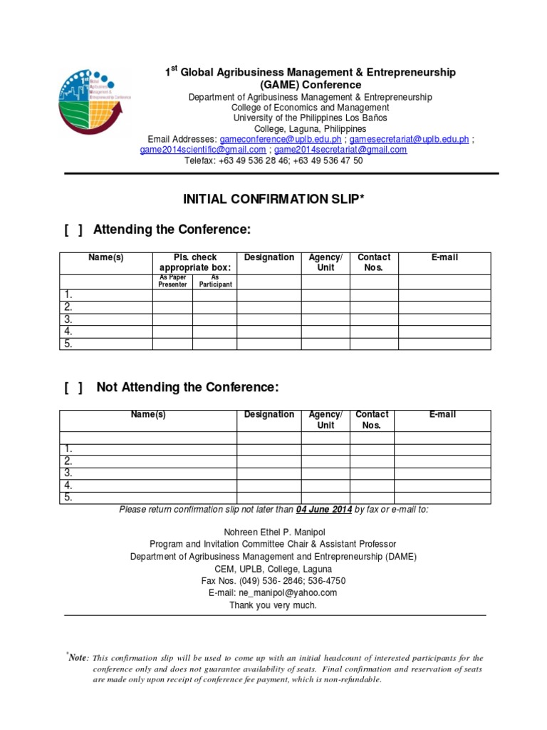 GAME Conference  official declaration Slip