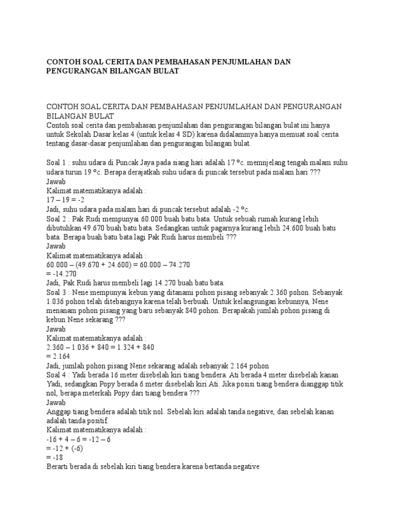 Soal Cerita Penjumlahan Dan Pengurangan Docx
