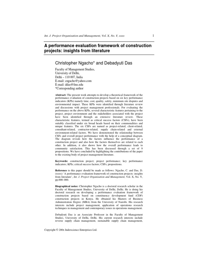 A Performance Evaluation Framework of Construction | PDF ...