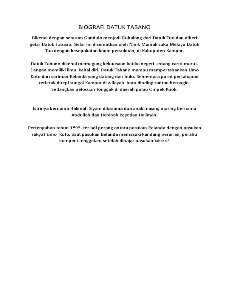 Biografi Datuk Tabano: Gandulo Kampar | PDF