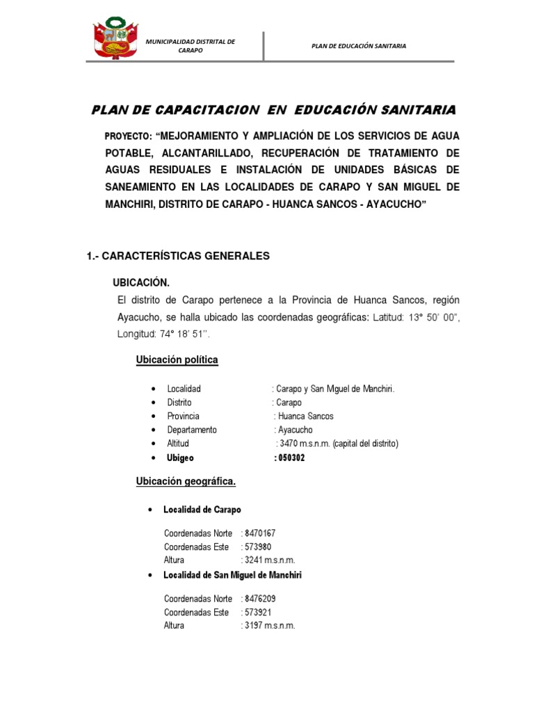 Plan de Educación Sanitaria en Carapo | PDF | Agua | Agricultura