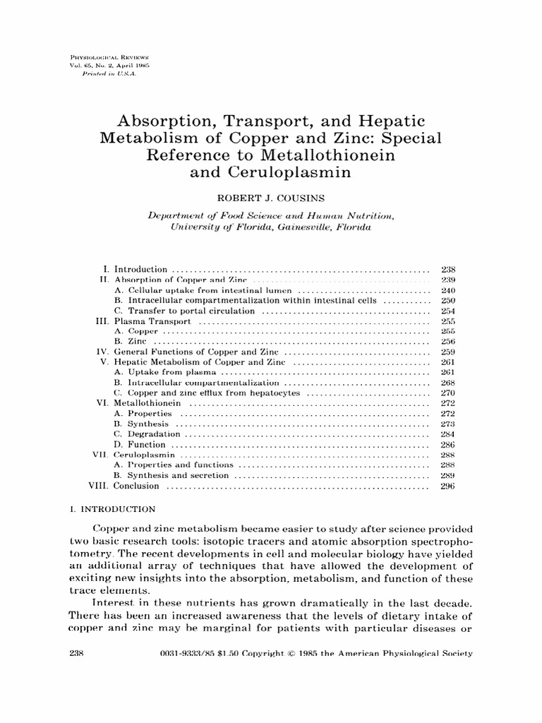 Absorption, Transport, and Hepatic Metabolism of Copper and Zinc