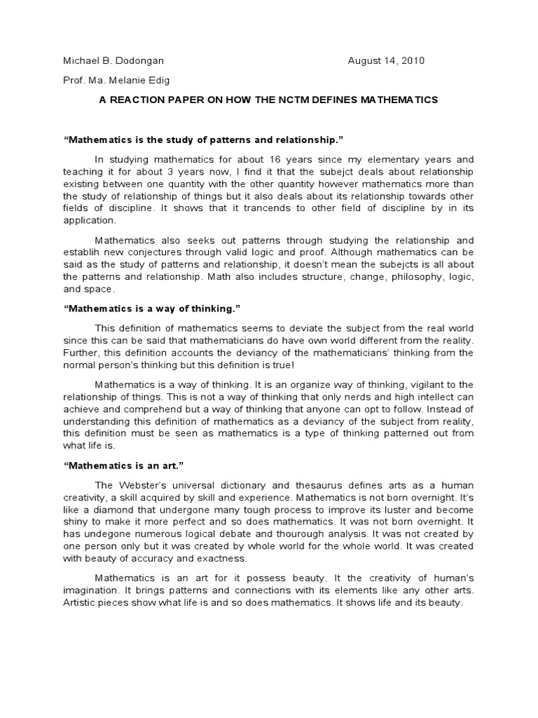 A Reaction Paper On How The NCTM Defines Mathematics | PDF ...