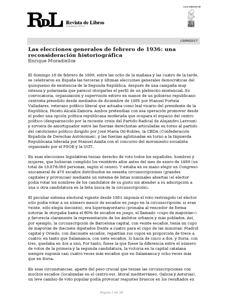Las Elecciones Generales de Febrero de 1936 Una Reconsideración