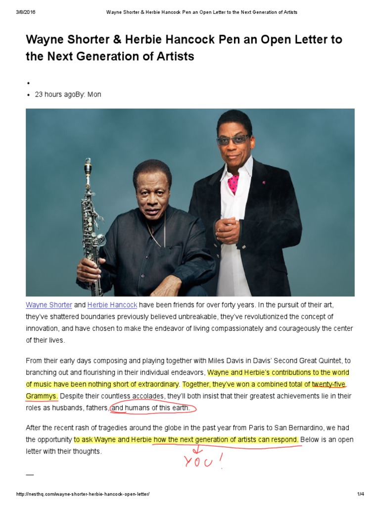 Wayne Shorter & Herbie Hancock Pen An Open Letter PDF Thought