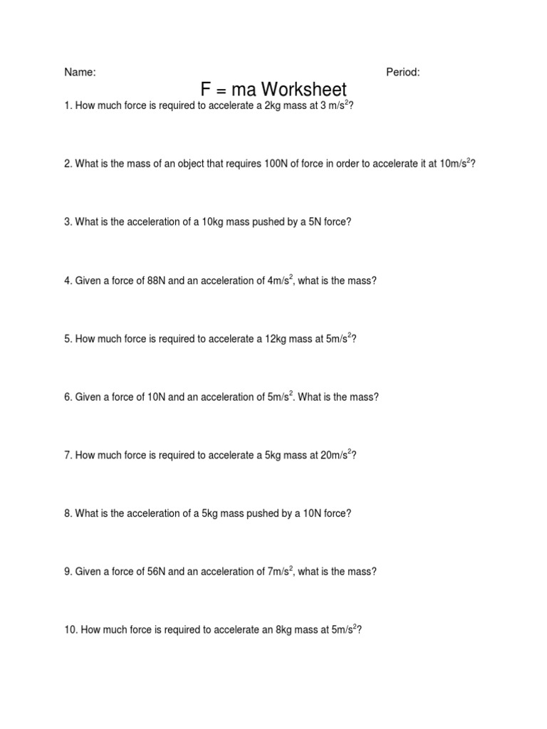 Worksheets F Ma Worksheet problemsf ma