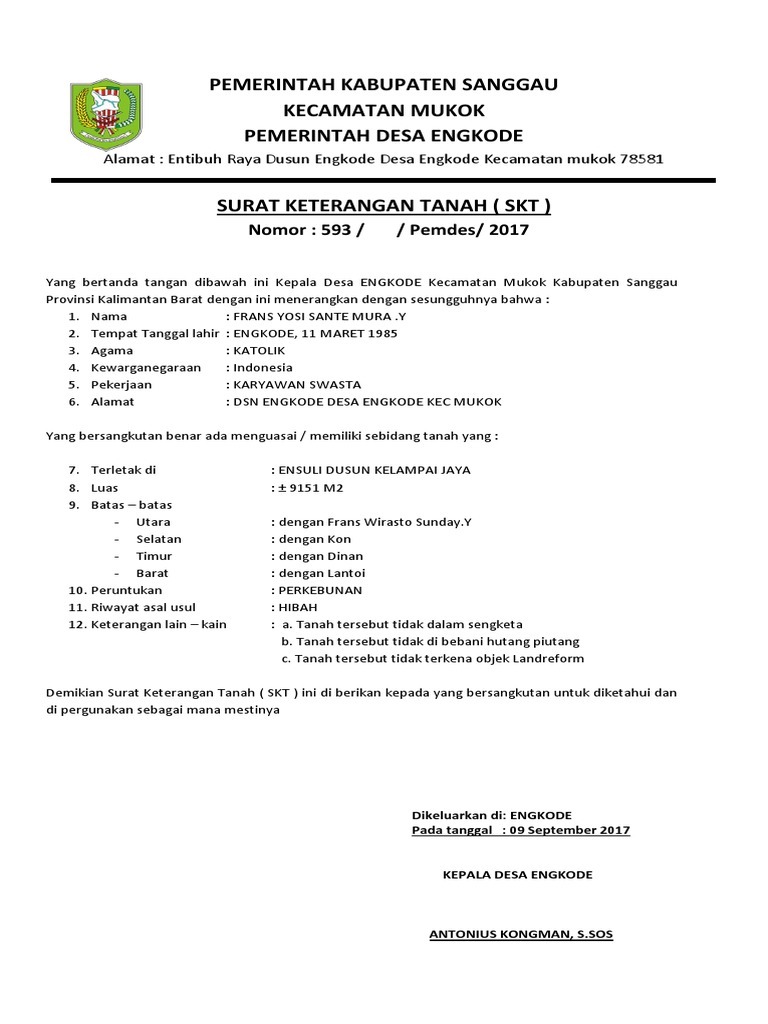 Contoh Surat Tanah Skt Contoh Surat Dan Format 2020