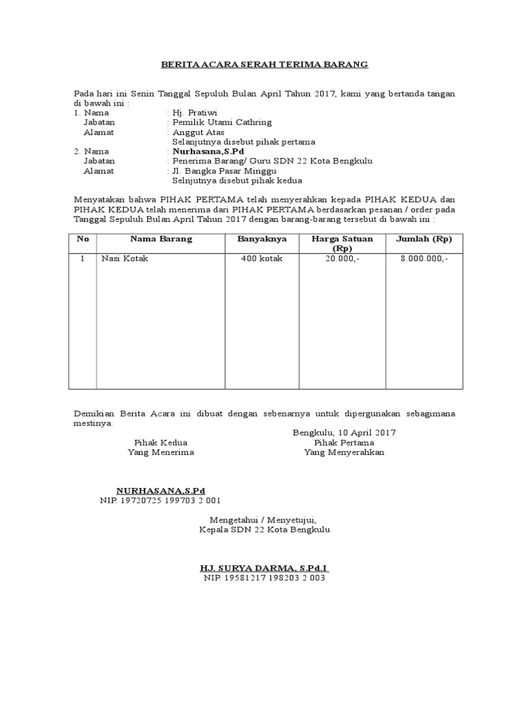 Berita Acara Serah Terima Barang Oreder PDF