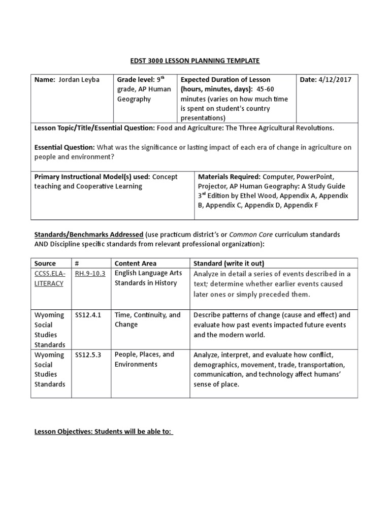 agriculture lesson plan 1 Homework Agriculture