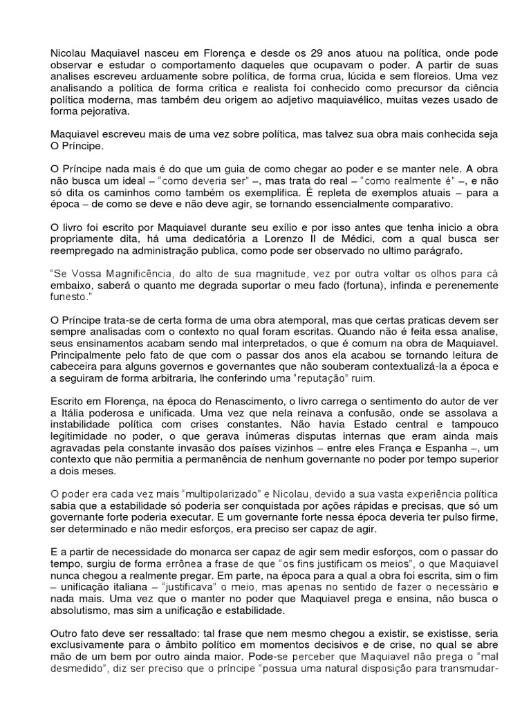O Príncipe De Maquiavel Resumo Do Livro