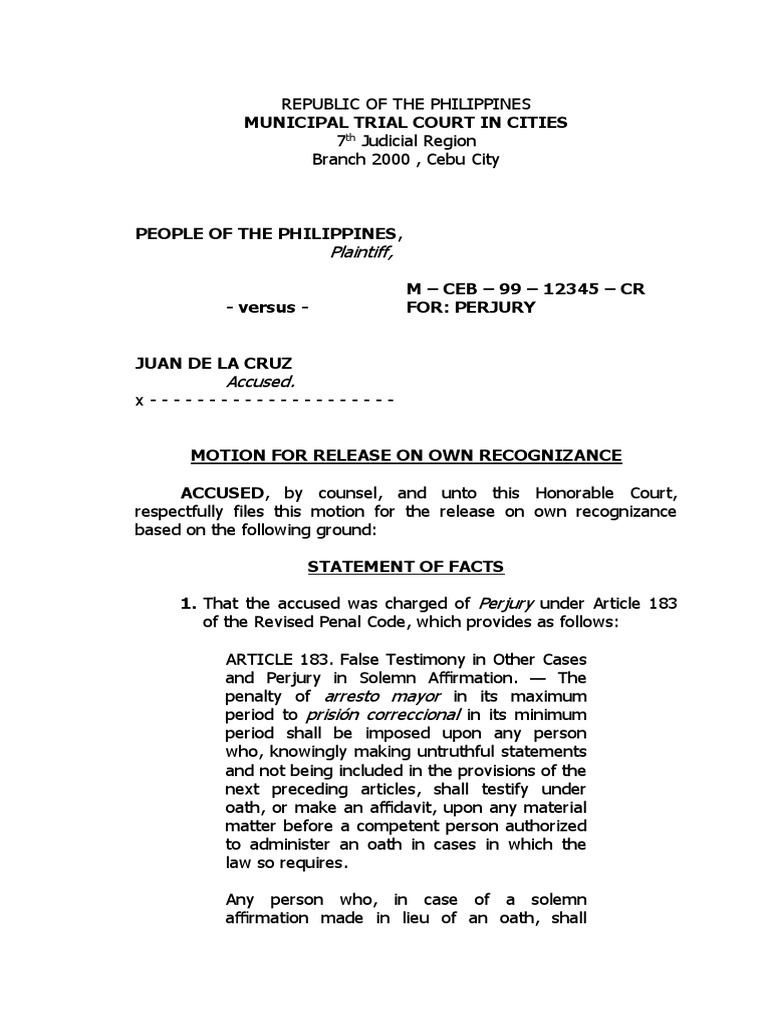 Human Rights Motion for Release on Own Recognizance Perjury