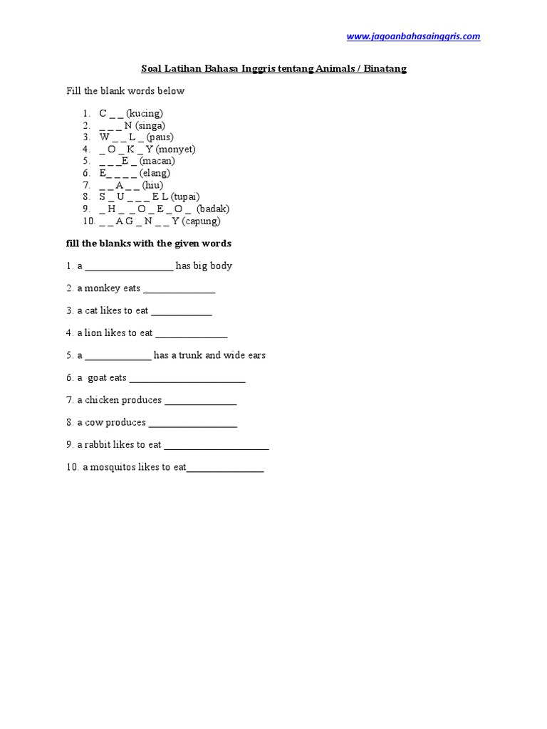 Soal Latihan Bahasa Inggris Tentang Animals