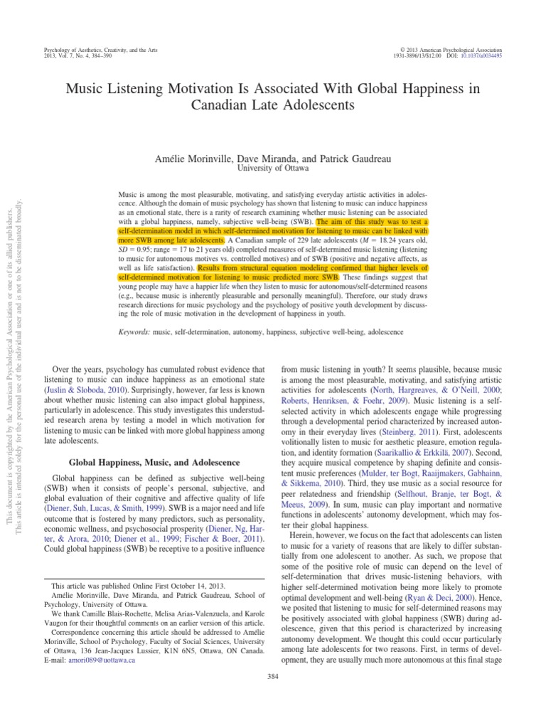 Music Listening Motivation Is Associated With Global Happiness in ...