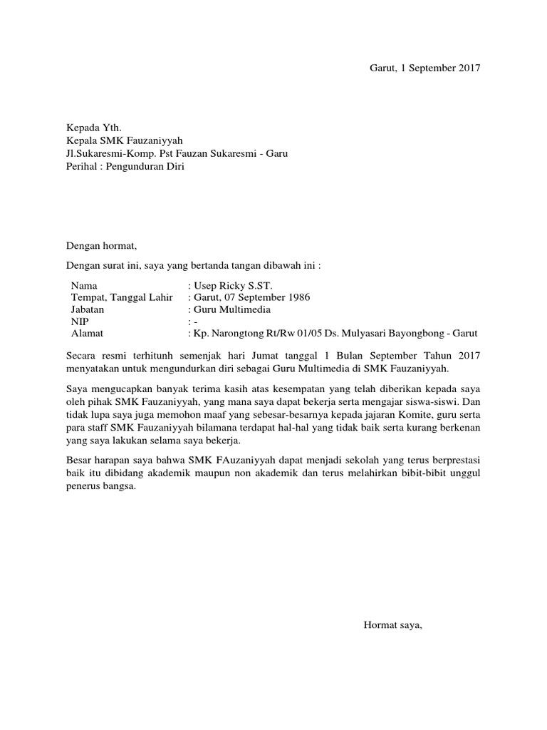 Contoh Surat Pengunduran Diri Dari Sekolah