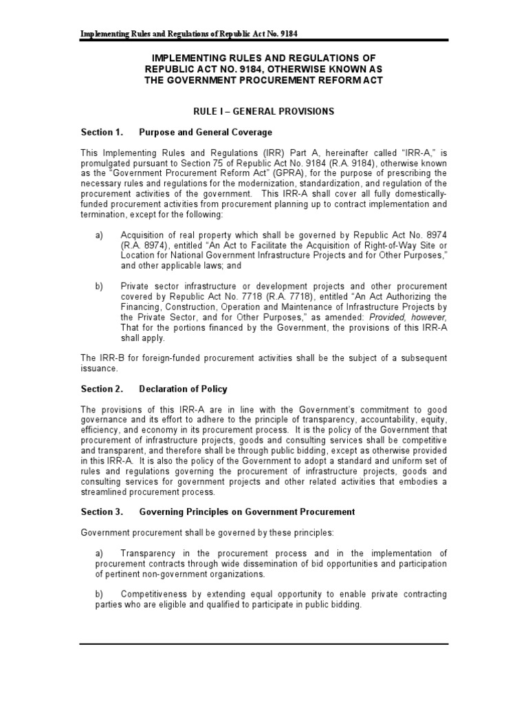 Implementing Rules RA 9184 PDF Construction Bidding Procurement