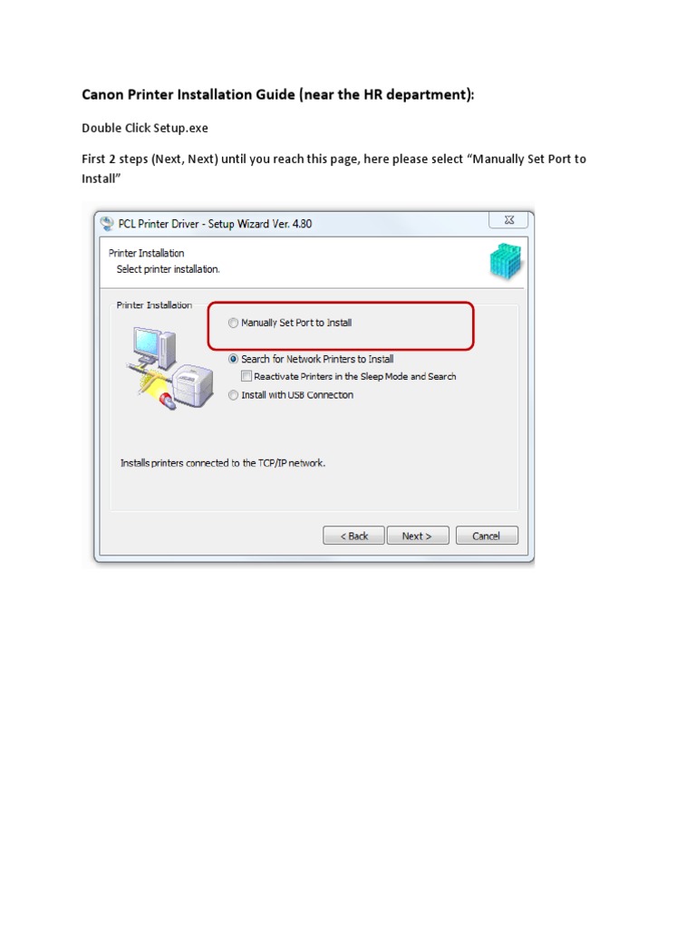 Stepbystep instructions for manually installing Canon network