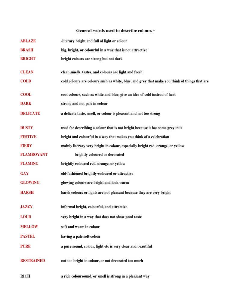 General Words Used To Describe Colours - : Ablaze Brash Bright | PDF