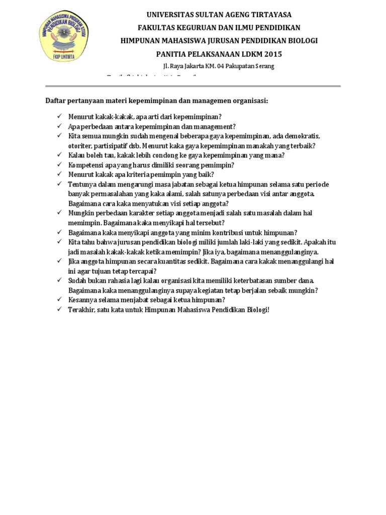 Daftar Pertanyaan Materi Kepemimpinan Dan Managemen Organisasi Docx