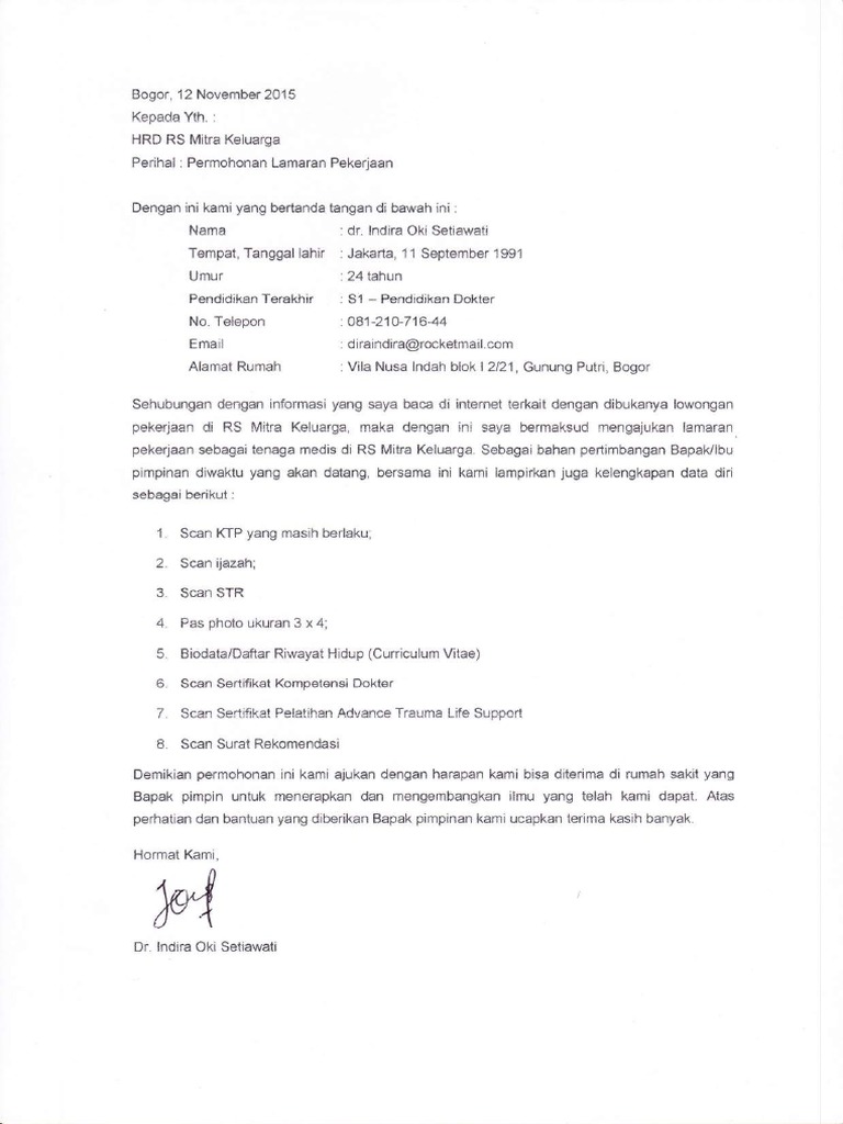 Surat Lamaran Rs Mitra Keluarga
